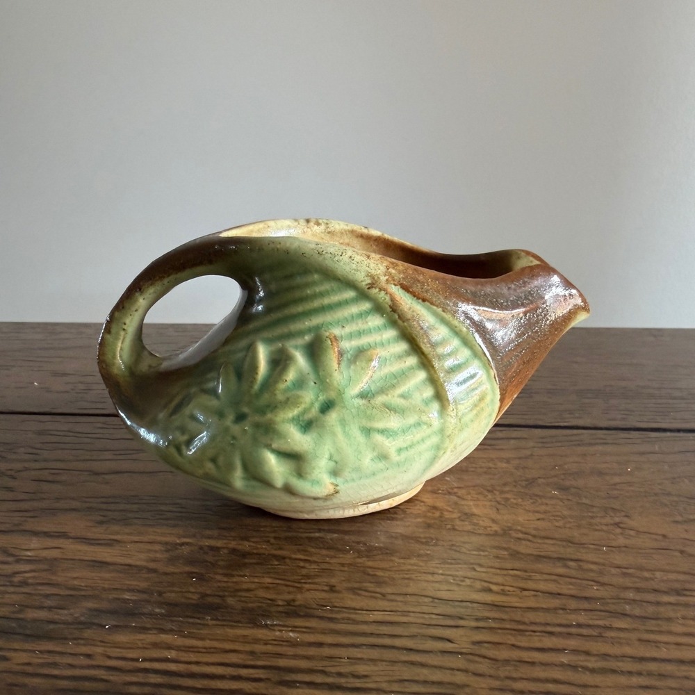 McCoy Creamer Dish Ironstone Ceramic Small Green Brown Art Pottery Floral